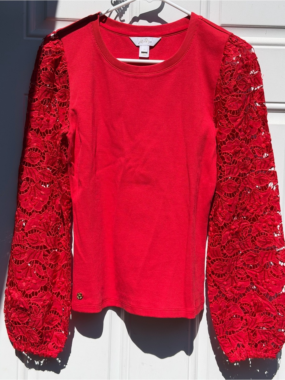 Lilly Pulitzer Bryant Lace Knit Top Red Floral Sleeve Small